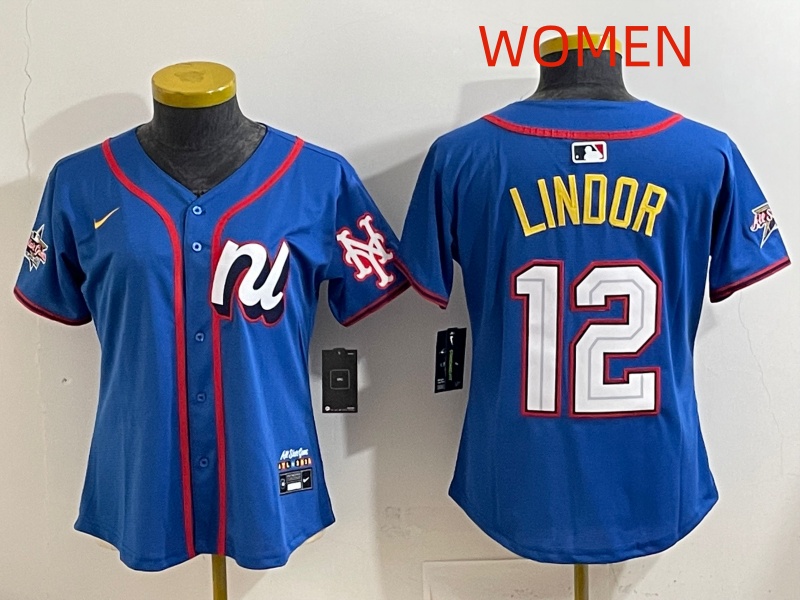 Women 2025 New York Mets 12 Lindor Blue All star Nike MLB Jersey style 006